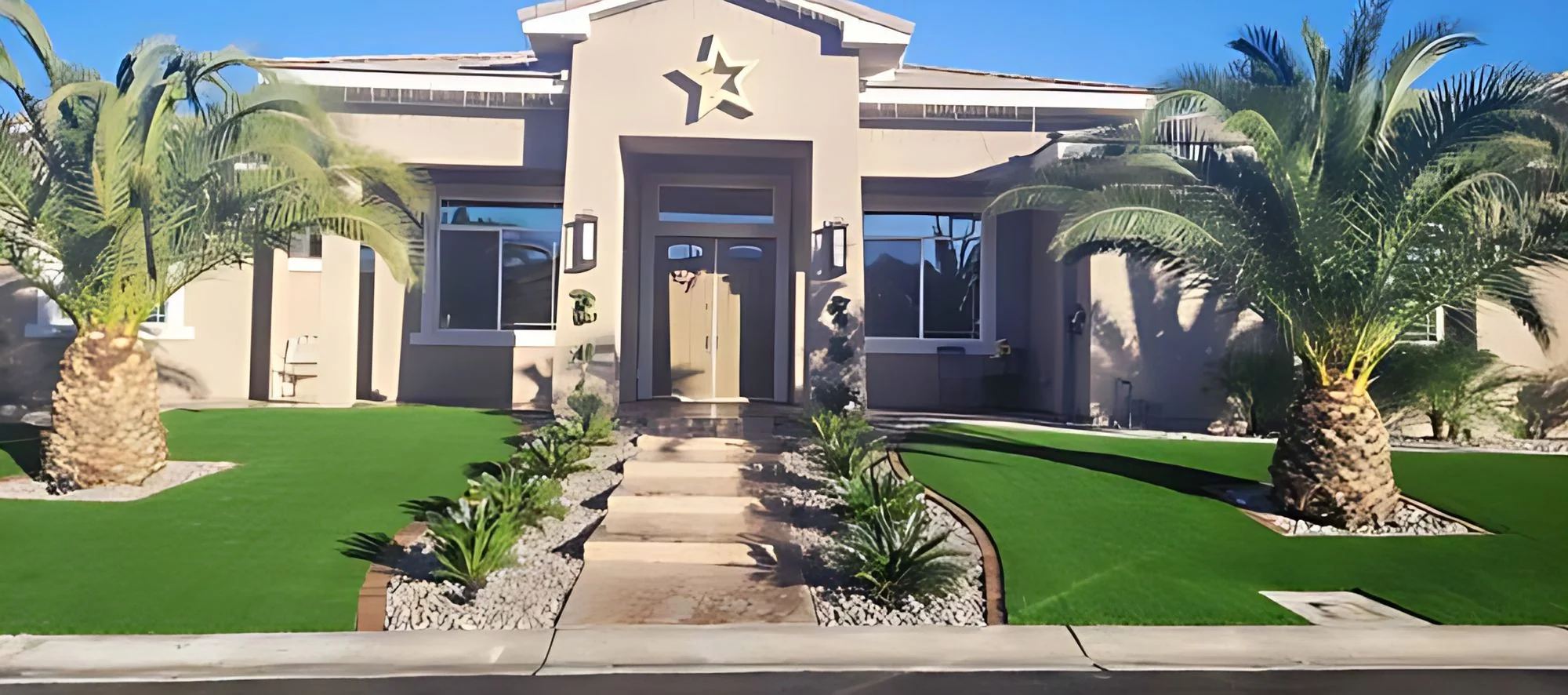 The Palm Entry, front entry walk with turf and palms