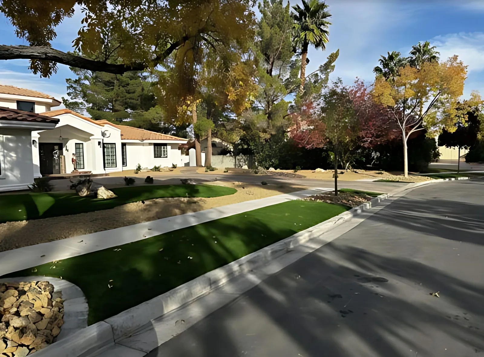Street side turf and walkway under autumn trees